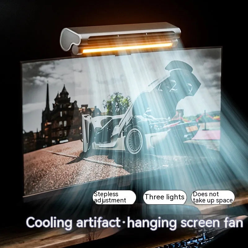 Black bladeless clip-on fan with LED light attached to laptop screen showing USB cable connection