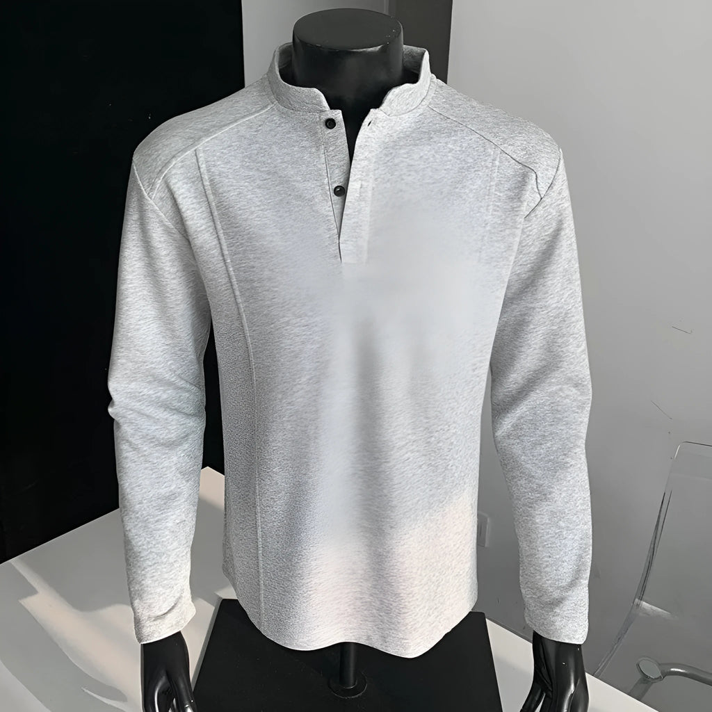 Men's loose fit patchwork collar polo shirt in white gray colour with stand-up collar and long sleeves