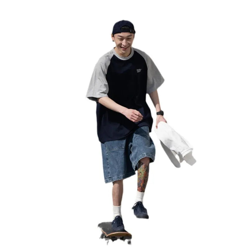 Men's blue Japanese-style raglan sleeve t-shirt with loose fit on hanger