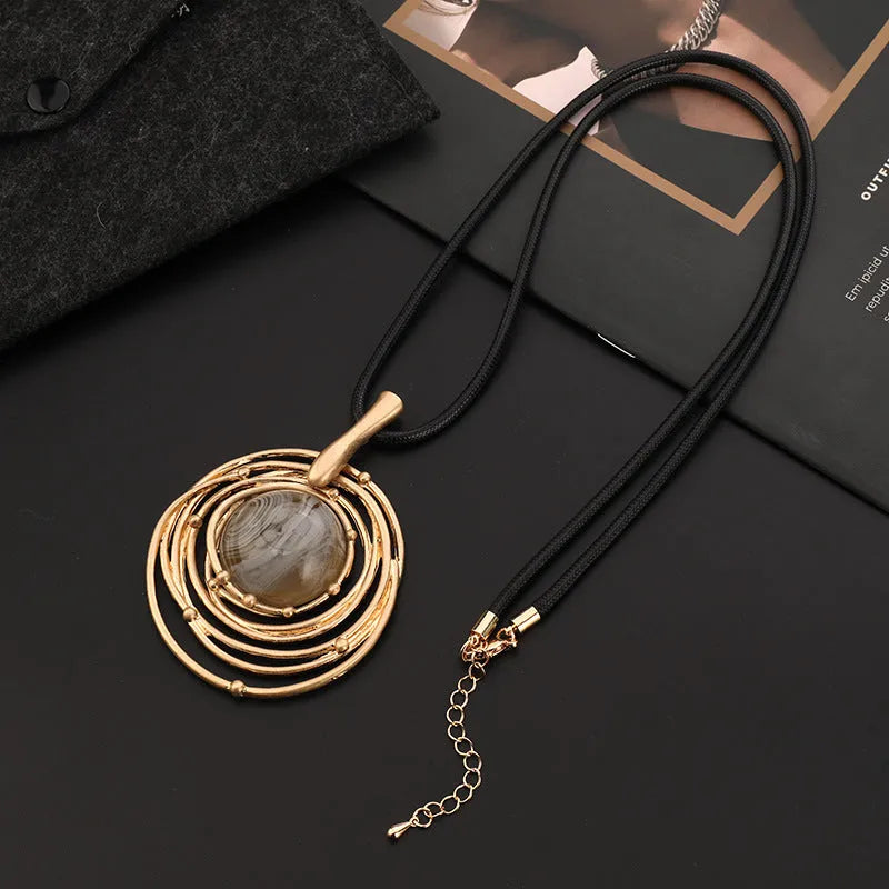 Vintage gold geometric plaid sweater chain necklace with snakeskin wax rope chain adjustable from 51cm to 80cm