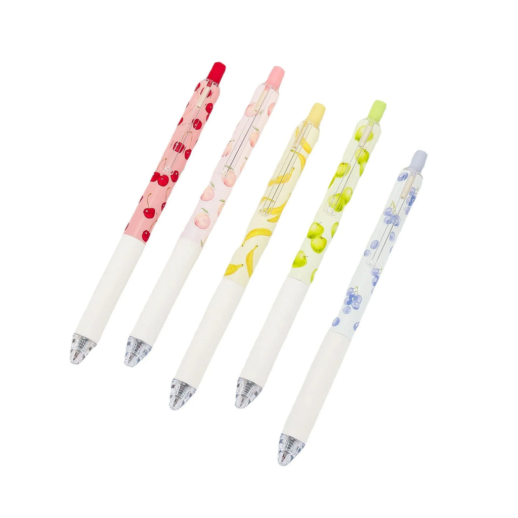 Three fruit scented 0.5mm black ink click pens with plastic barrels and replaceable refills