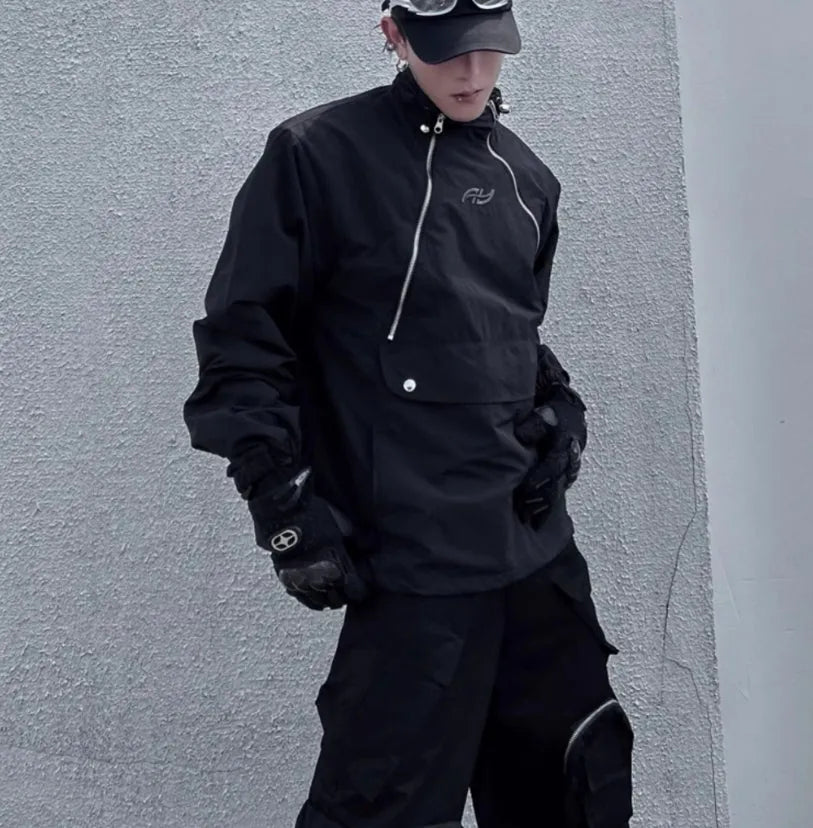 Black double zipper stand collar shell jacket in 100% polyester, men's outerwear, sizes M L XL