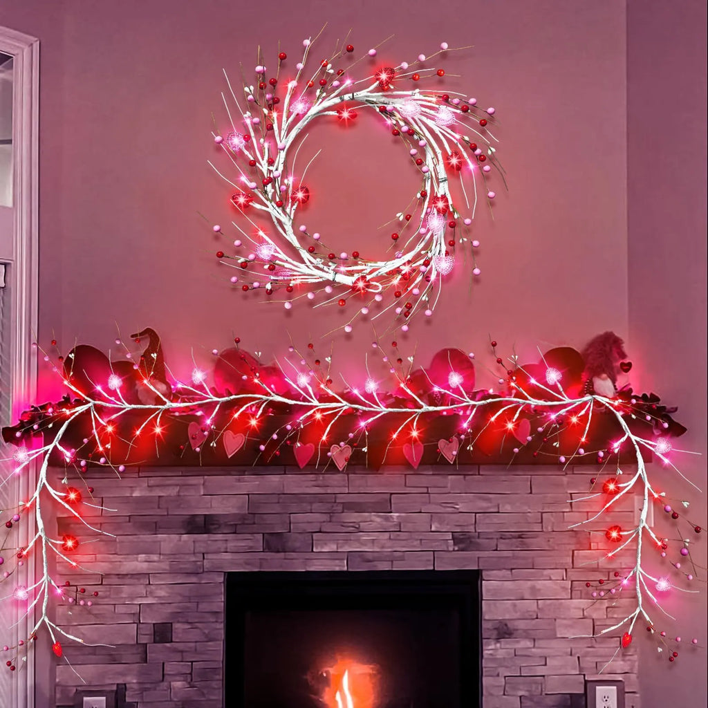 1.8m pink heart shaped rattan string lights with 48 LED lights, battery powered and IP44 rated