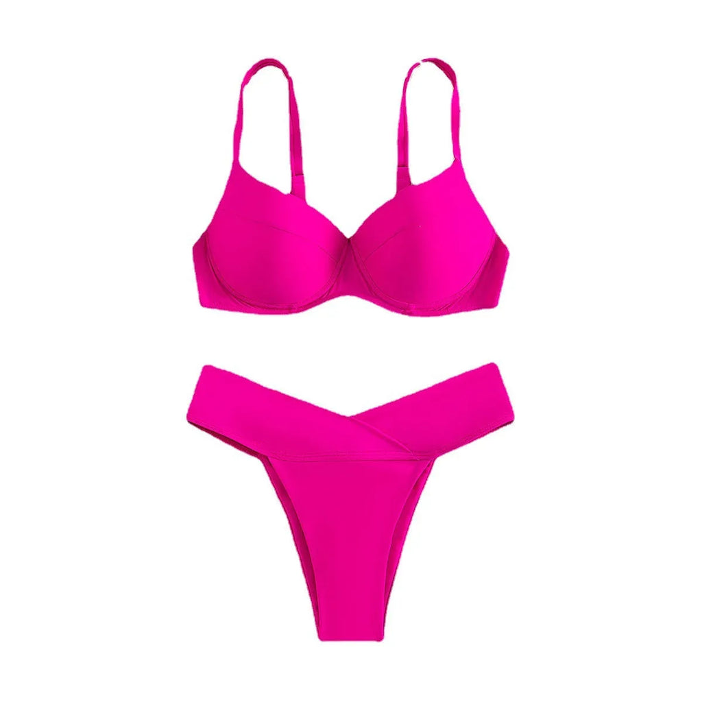 Solid colour women's bikini swimsuit on a hanger, showing briefs style and sleeveless design.