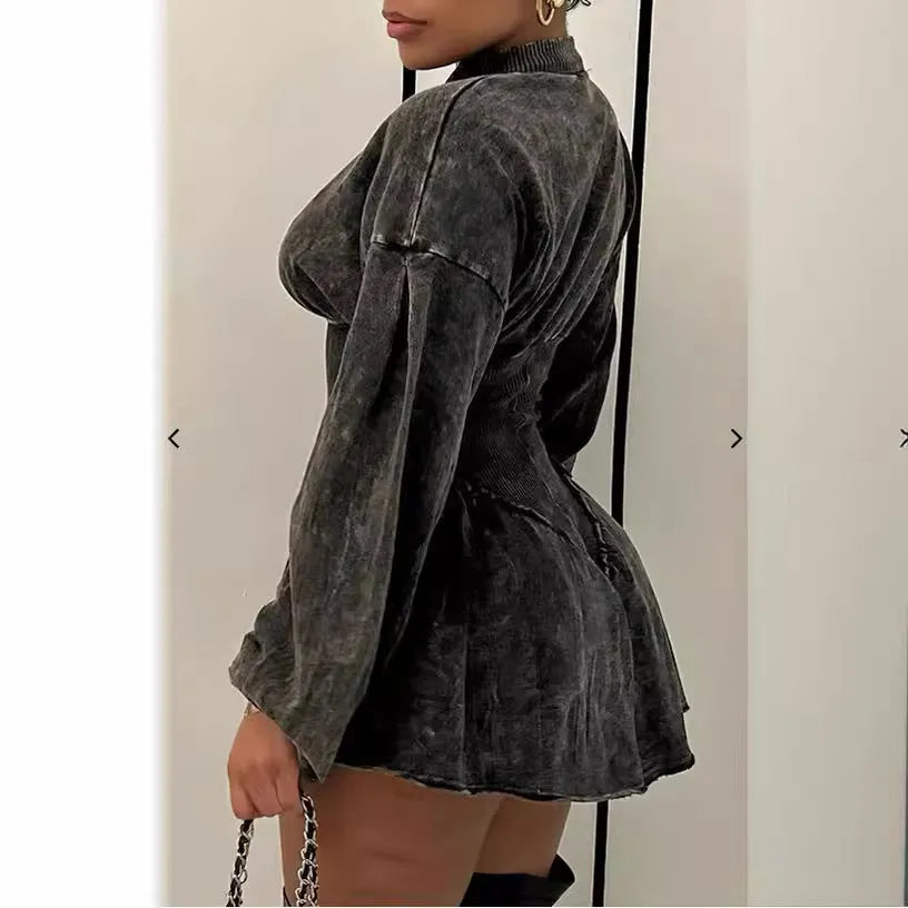 Gray slim-fit A-line dress with drawstring waist, long sleeves, and digital printing.