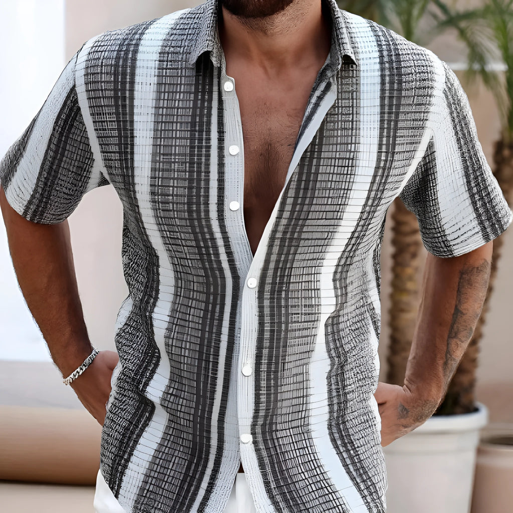 Men's slim-fit short sleeve shirt with a colourful 3D printed floral pattern on blue polyester fabric.