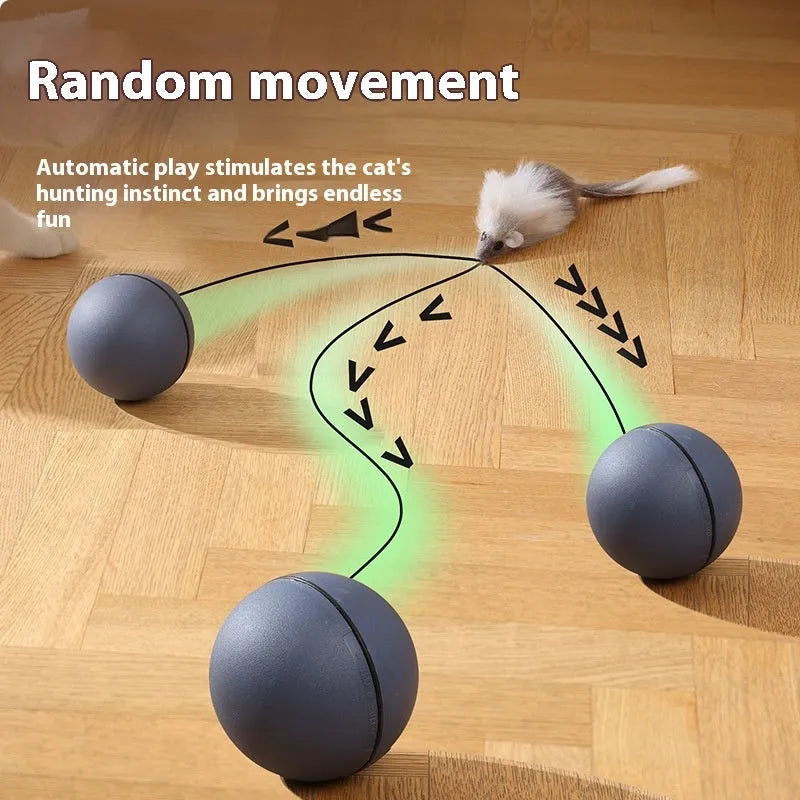 Blue orange and dark grey automatic cat teasing ball toy with plush mouse attachment on floor.