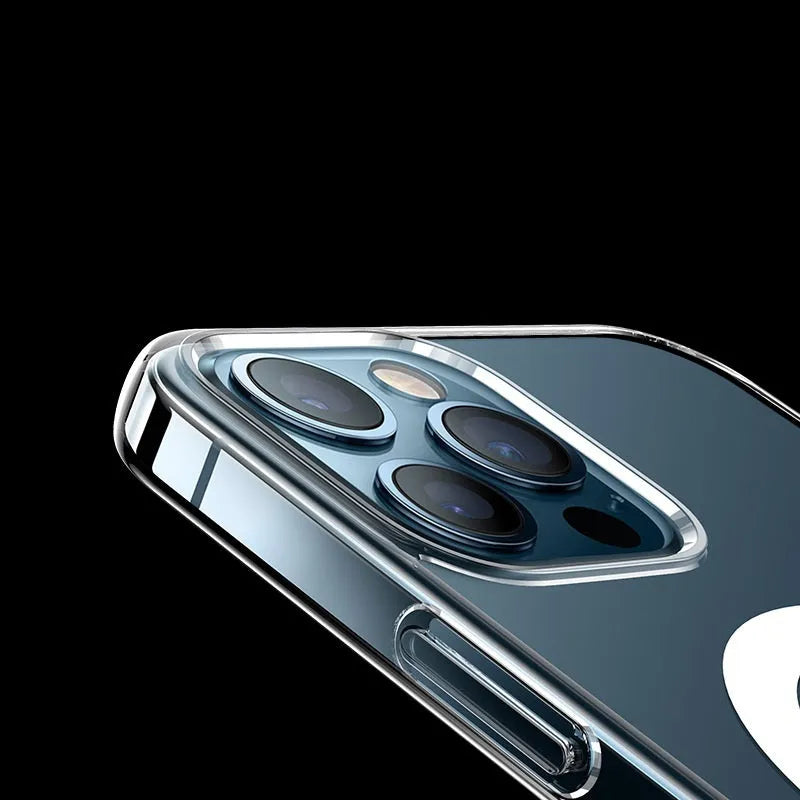 Clear magnetic back cover phone case for iPhone on a table.