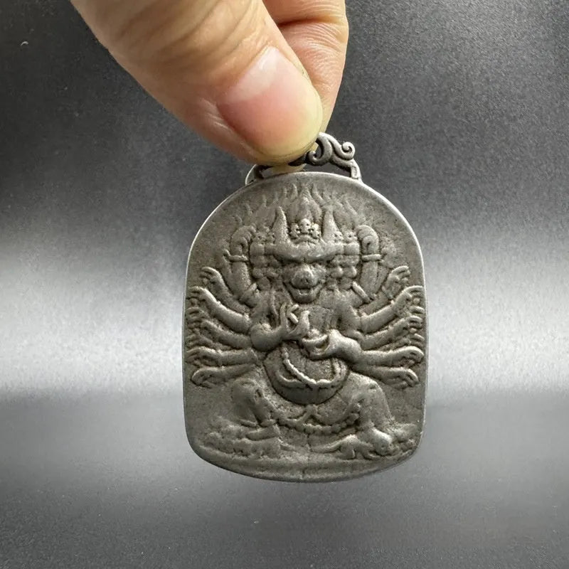Antique iron metal hanging pendant with Chinese geometric patterns and deity motifs
