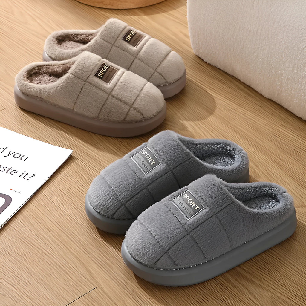 Men's plaid pattern winter slippers with brown cotton upper and EVA non-slip sole