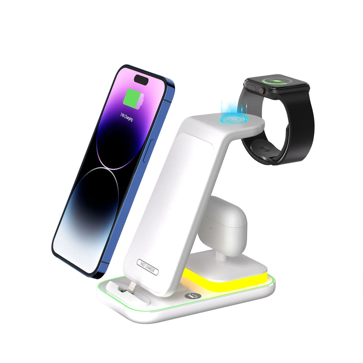 Black vertical wireless charger with phone charging in upright position on desk