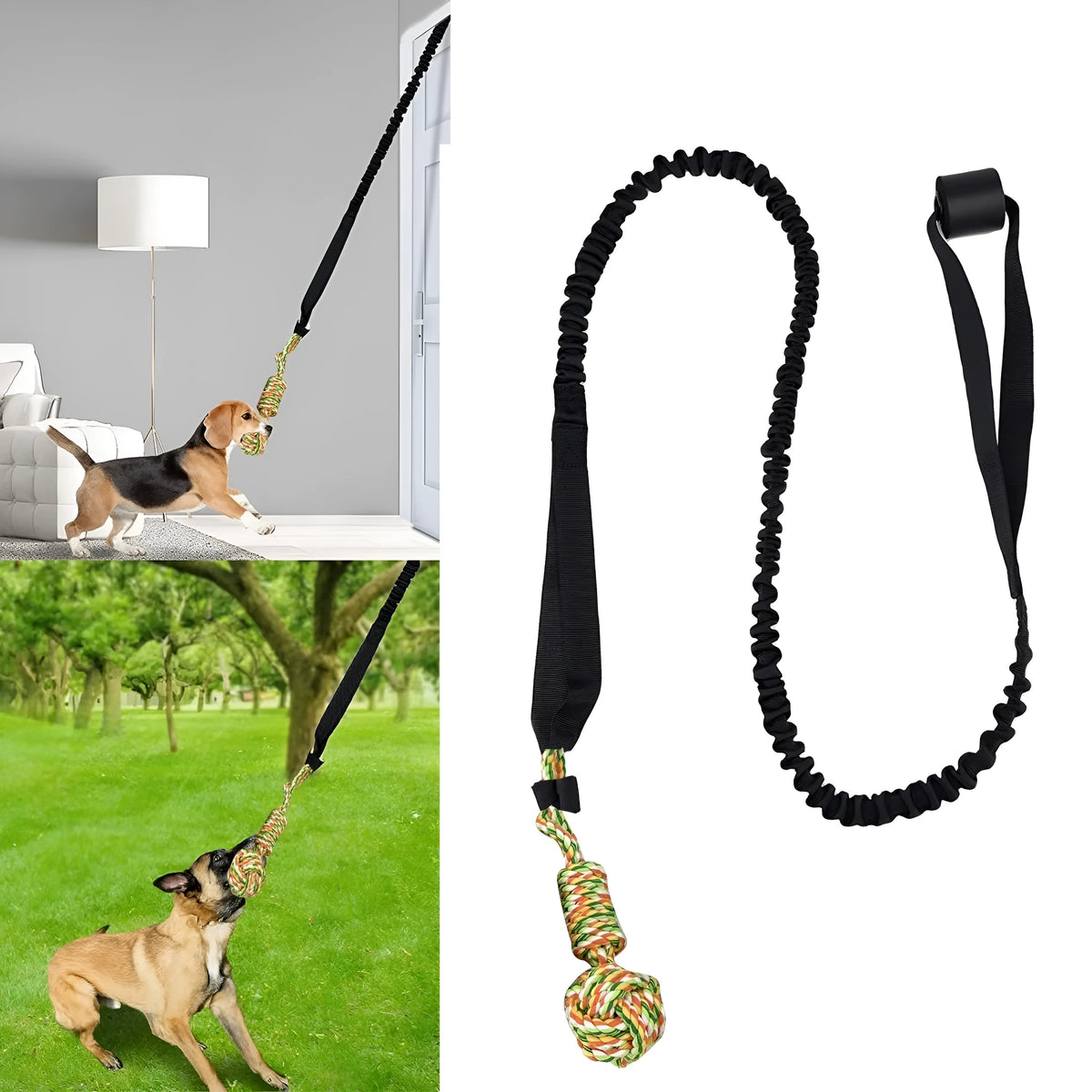 Cotton thread dog tug of war rope toy in black, grey, or red colours for interactive play and dental grinding