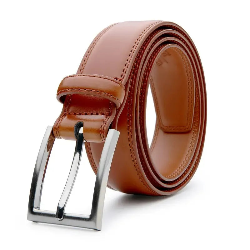 Men's brown genuine leather belt with an alloy buckle and textured 95 grain pattern.