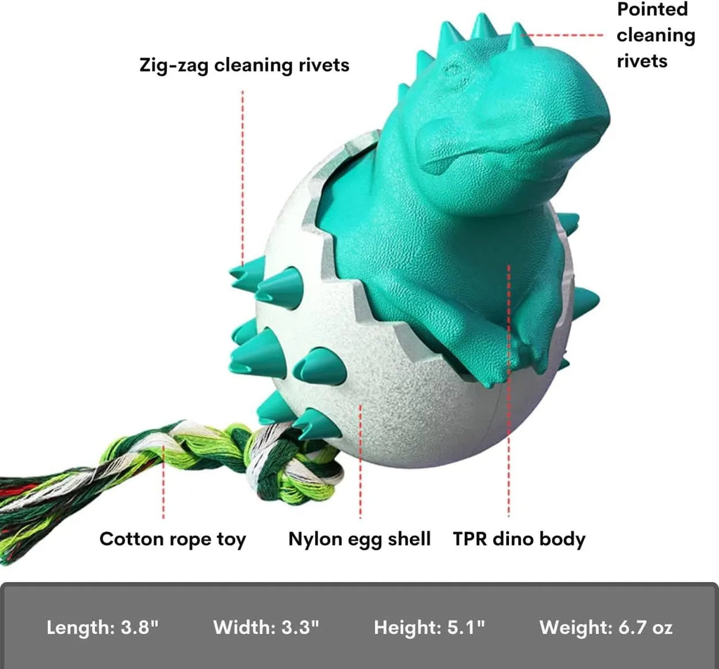 Blue dinosaur-shaped dog chew toy with integrated nylon rope on a wooden floor.