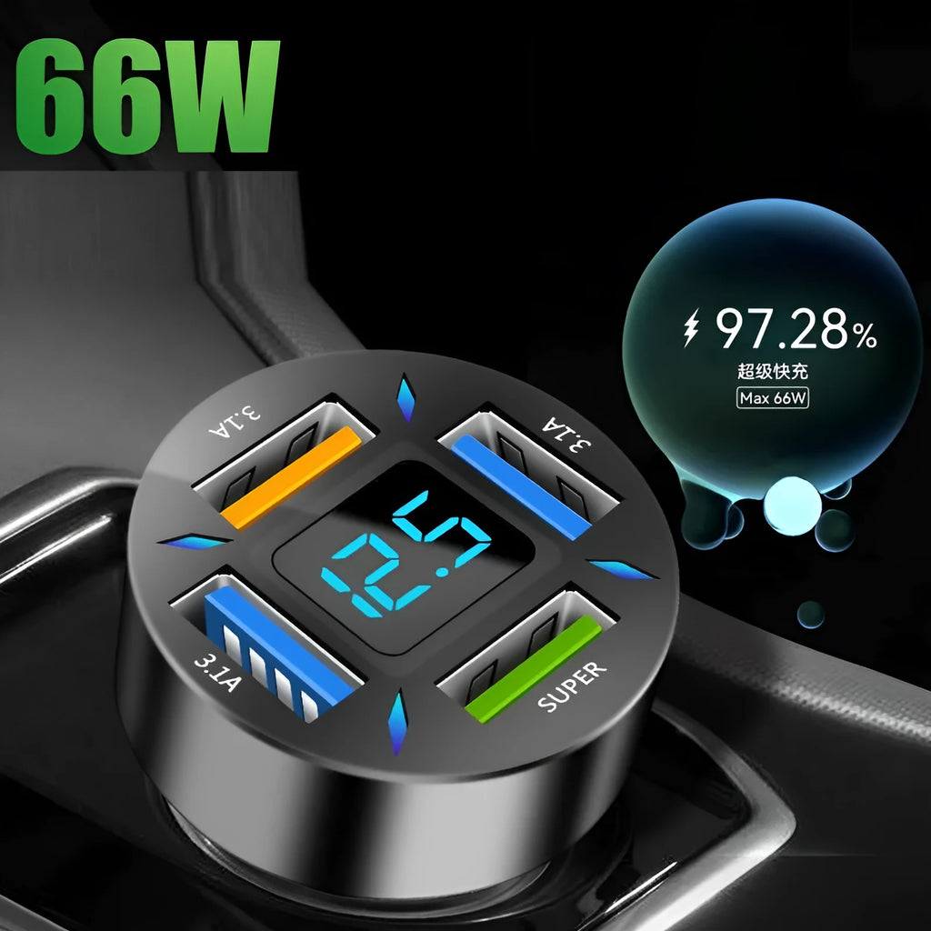 C177 model four-port USB car charger with QC3.0 fast charging and LED light display