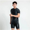 Men's patterned polyester swimsuit two-piece set showing top and pants components