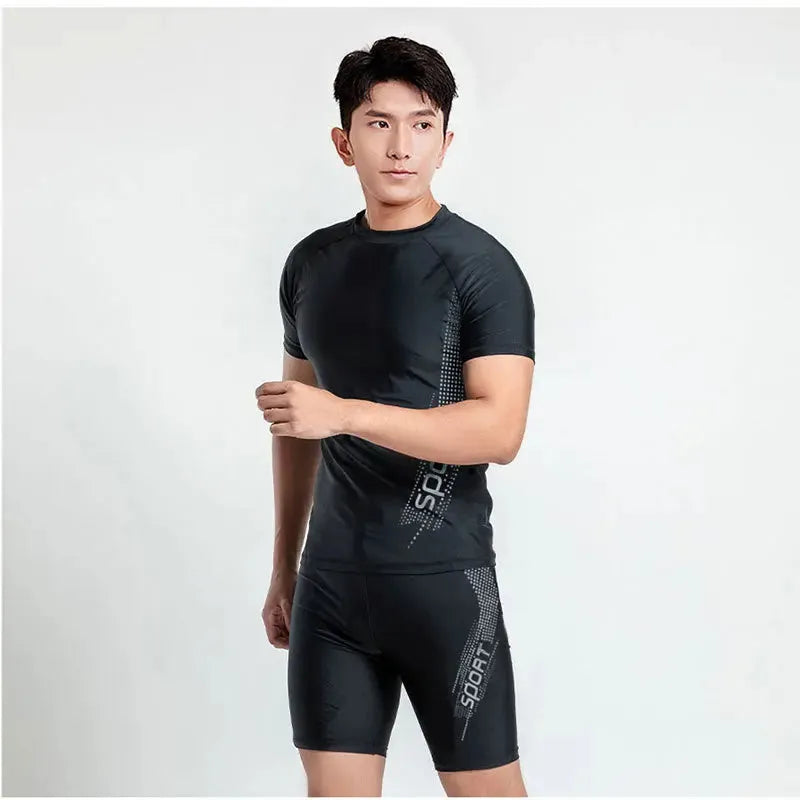 Men's patterned polyester swimsuit two-piece set showing top and pants components