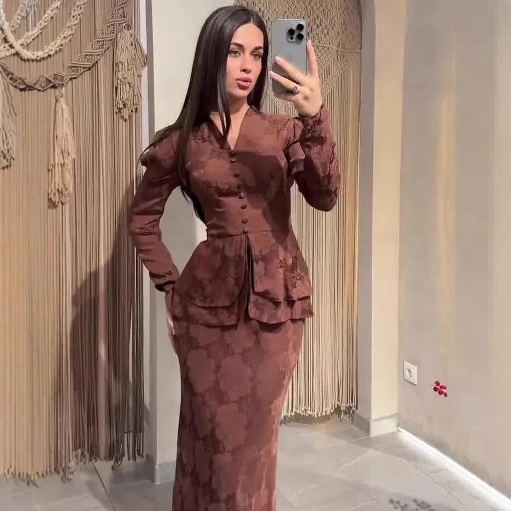 Dark brown women's long sleeve retro dress with a fake two-piece design and floral pattern.