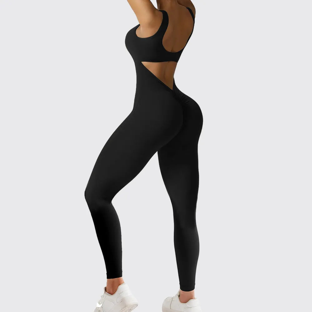 Women's sleeveless black flare jumpsuit long pants for yoga and fitness.