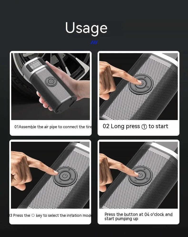Black portable wireless car tyre air pump with LED light and USB charging cable