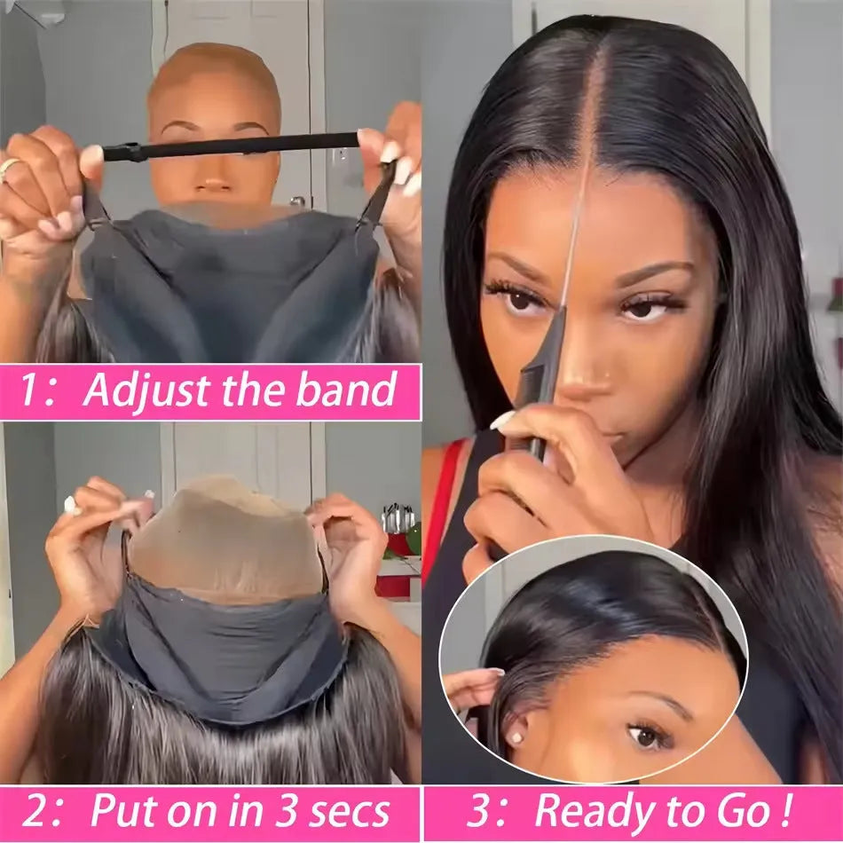 Straight human hair glueless wig with side bangs shown in various lengths