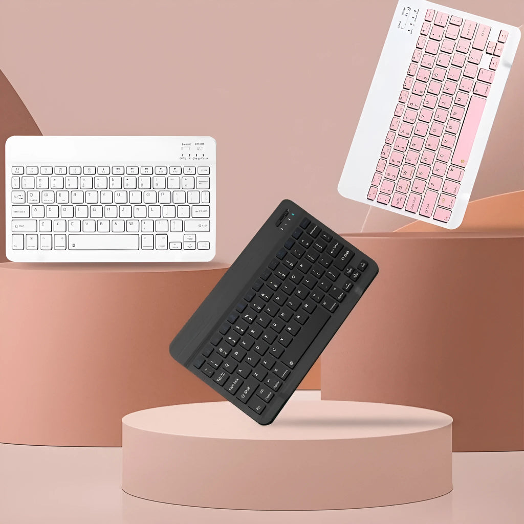 Solid colour Bluetooth keyboard and mouse set showing 10-inch keyboard and 7-inch mouse in available colours.