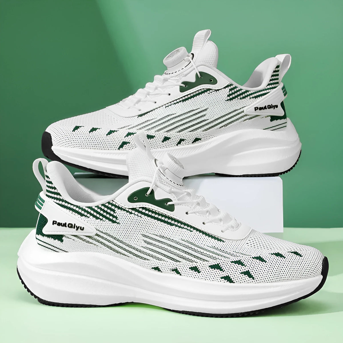 Men's white and green running shoes with rotating buckle and mesh upper on a flat TPU sole.