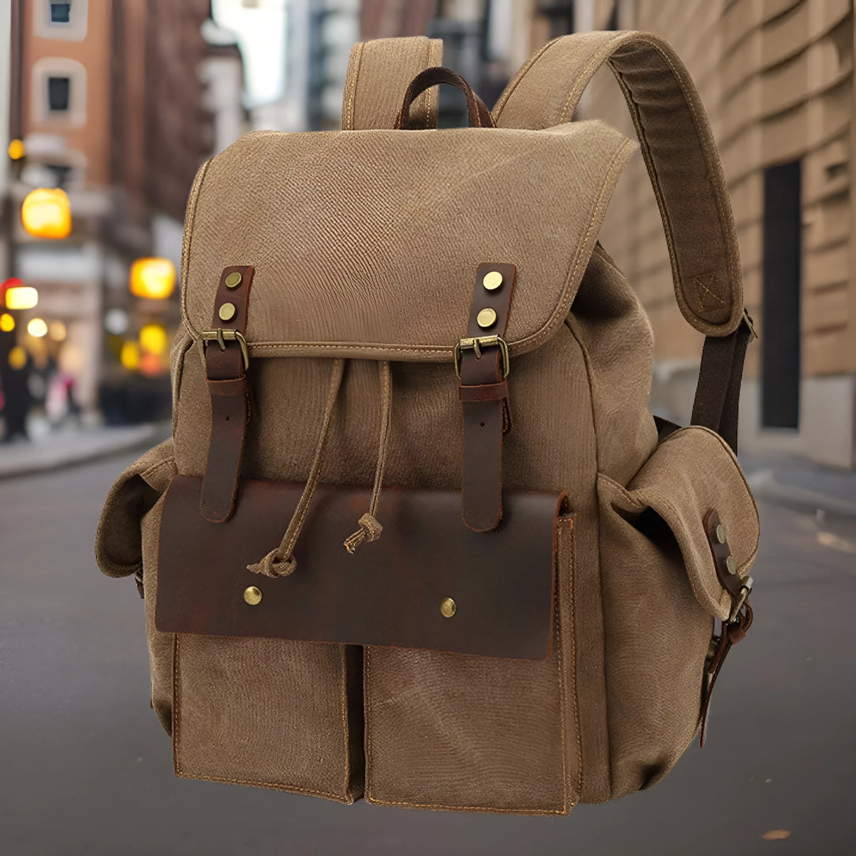 Retro polyester cotton canvas backpack in military green with antique bronze hardware, showing front and side view.