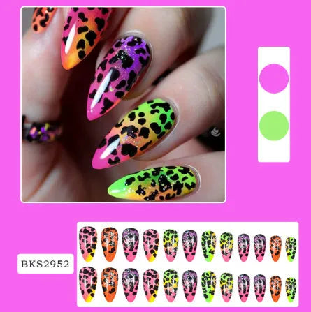 Wear Armour medium almond shaped frosted nail stickers showing four different designs including French leaves and leopard print