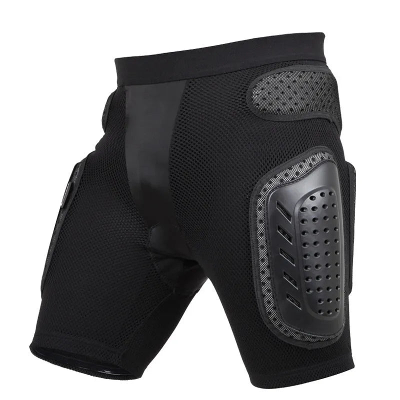 Black cycling protective trousers with integrated hip pads, shown in size L.
