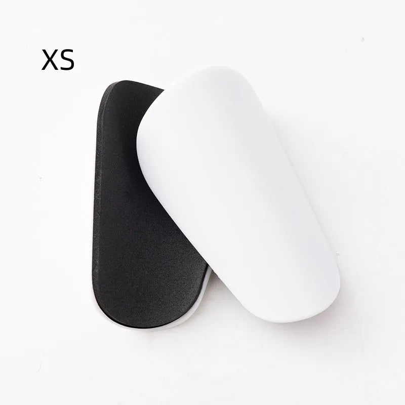 PU mini shin guards for football in S size, showing adjustable straps and available colour options.