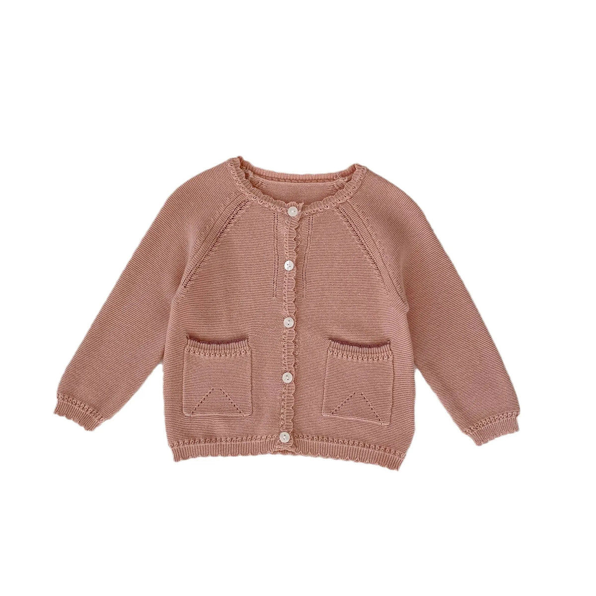 Baby girl cotton cardigan in lotus root pink, single-breasted long sleeve knitted coat for 0-3 years, sizes 66cm-100cm.