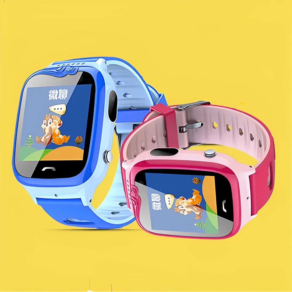 Children's blue silicone strap smart watch with HD touch screen showing GPS location interface.