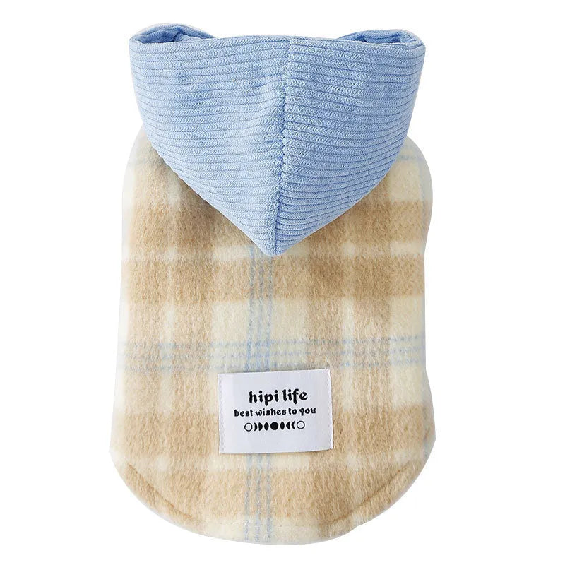 Blue corduroy dog hoodie with a chessboard grid pattern and a matching hood, shown on a small dog.