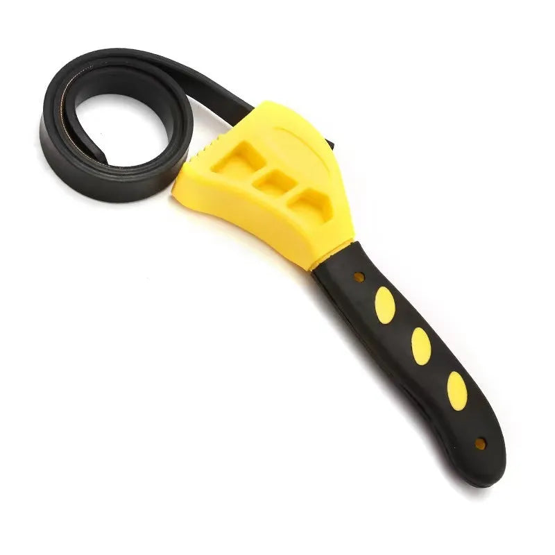 A 6-inch and an 8-inch adjustable rubber strap wrench with plastic handles on a workbench.