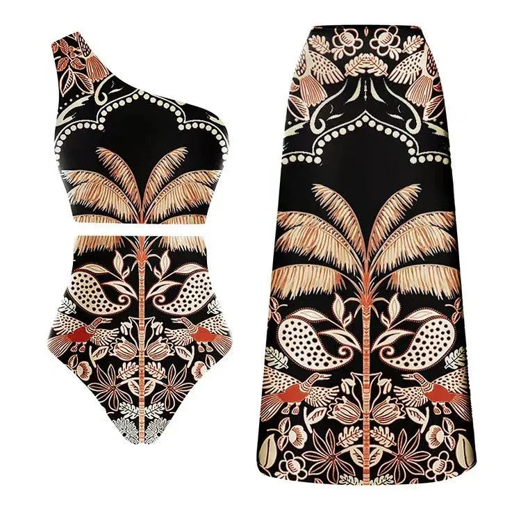 Women's polyester one-piece swimsuit in various colours and styles including one-shoulder designs