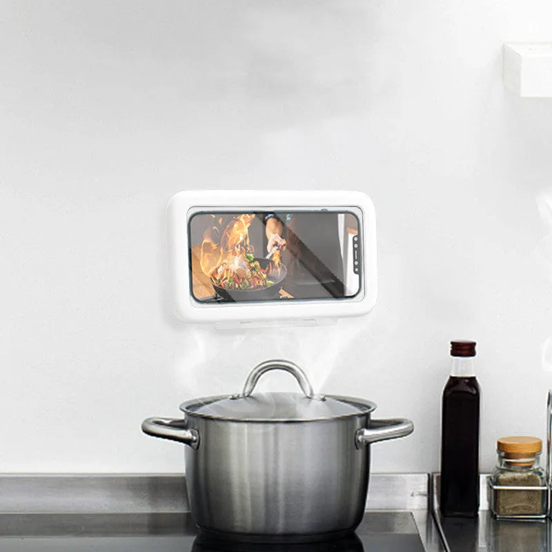 White waterproof phone holder with clear touch screen mounted on bathroom tile