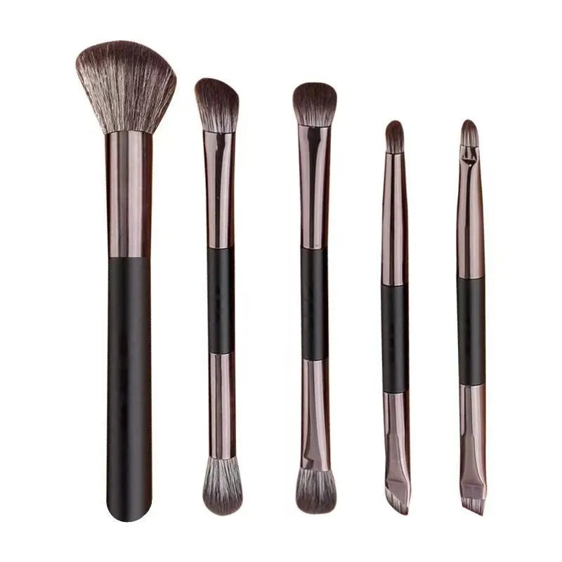 Makeup brush set with mirror in a case, showing silver and gold plastic handle options.