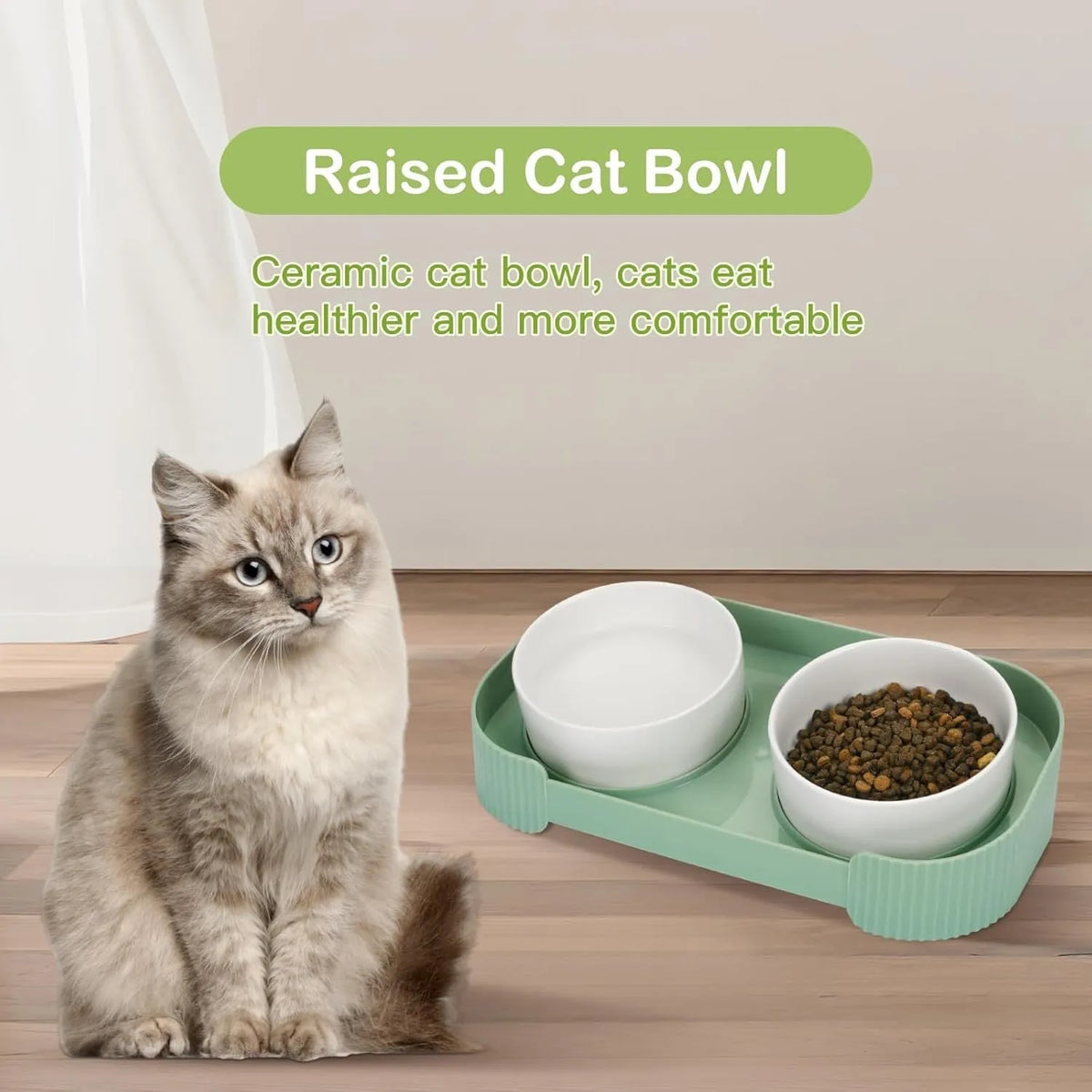 Ceramic elevated cat bowls with 15-degree tilt, non-slip base, and spill-proof rim in green colour