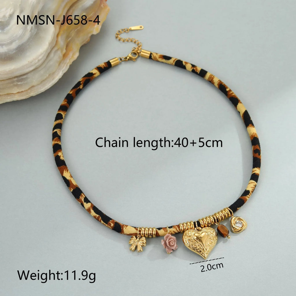 Geometric leopard pattern stainless steel necklace with gold plating on adjustable chain