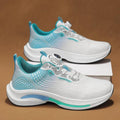 Men's white and blue low-top sneakers with a rotating buckle and mesh upper.