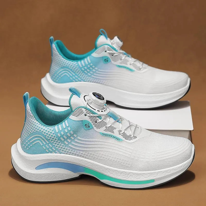 Men's white and blue low-top sneakers with a rotating buckle and mesh upper.