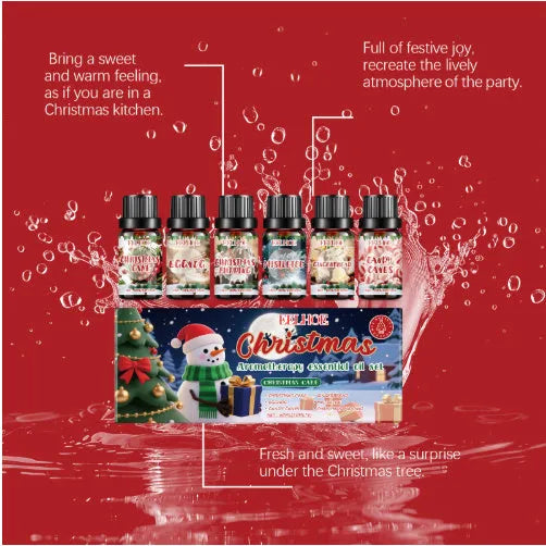 Christmas aromatherapy oil set showing six 60ml bottles with reed diffusers for festive home scent