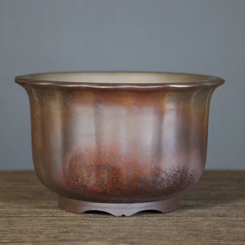 Large antique carved purple sand ceramic bonsai pot in classical style with S1696 firewood colour finish