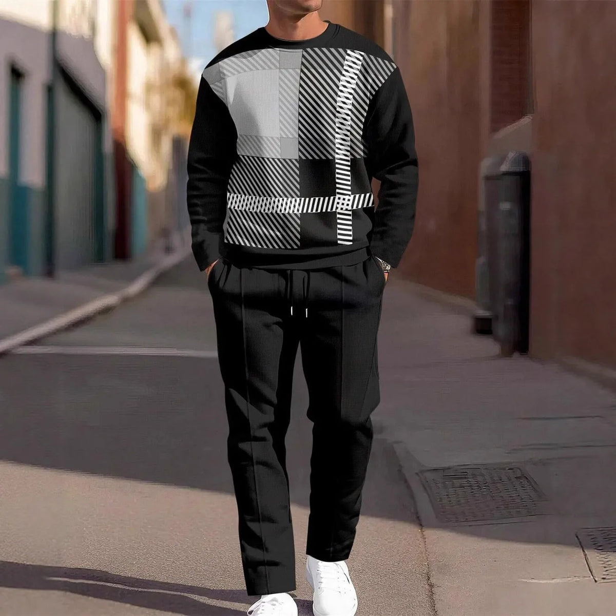 Men's two-piece tracksuit set with long sleeve round neck top and full-length trousers in air layer polyester, sizes S to 5XL