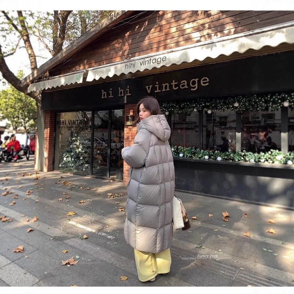 Women's mid-length padded puffer coat, over-the-knee modal fibre with white duck down, light blue black beige