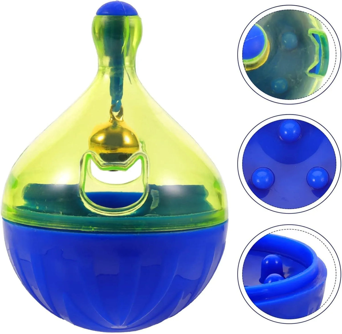 Blue and white tumbler-shaped dog and cat treat dispenser puzzle toy on a wooden floor.