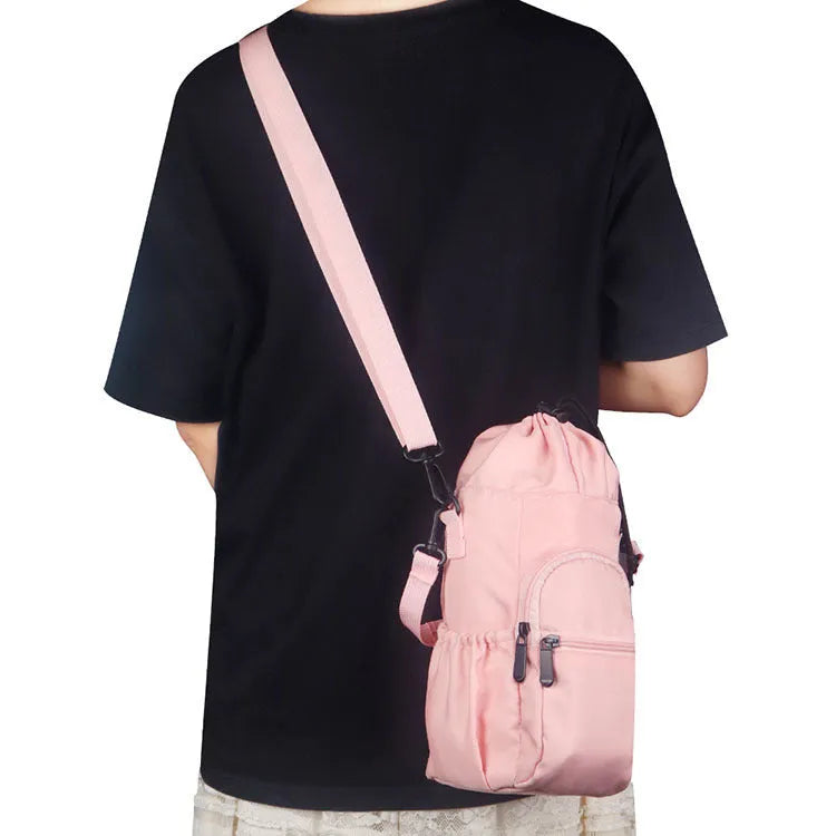 Cloth water bottle pouch crossbody shoulder bag in black, green or pink colour options