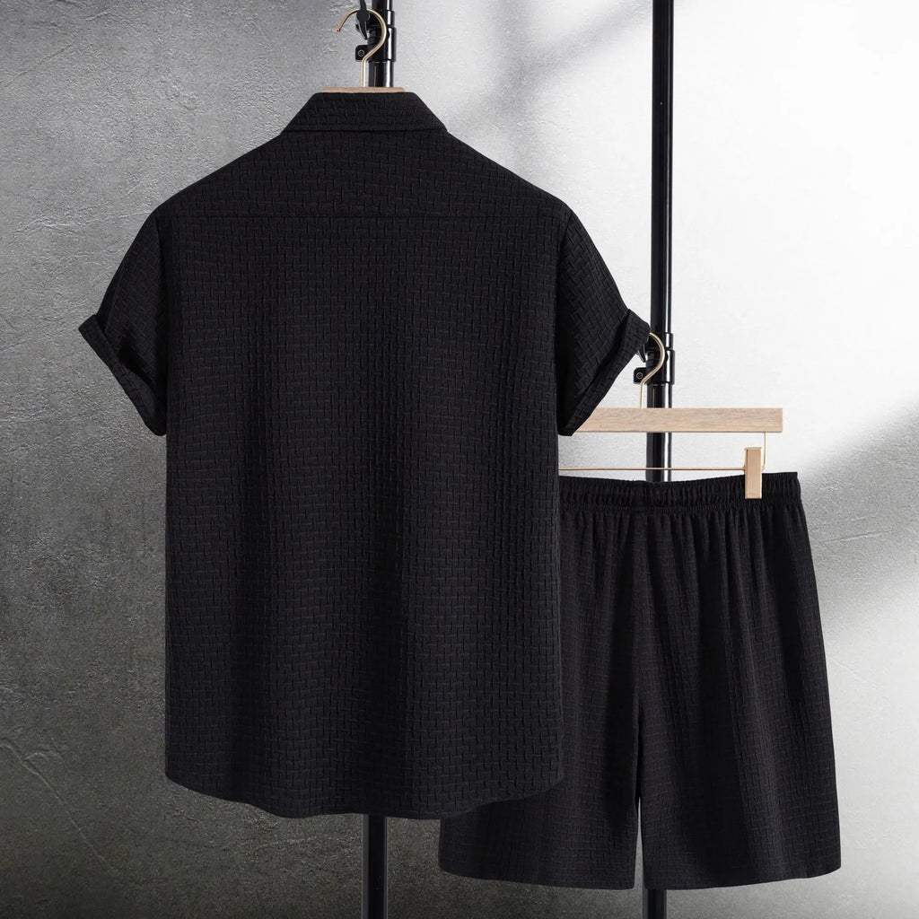 Men's cotton blend beach shirt and shorts set in black or white with short sleeves
