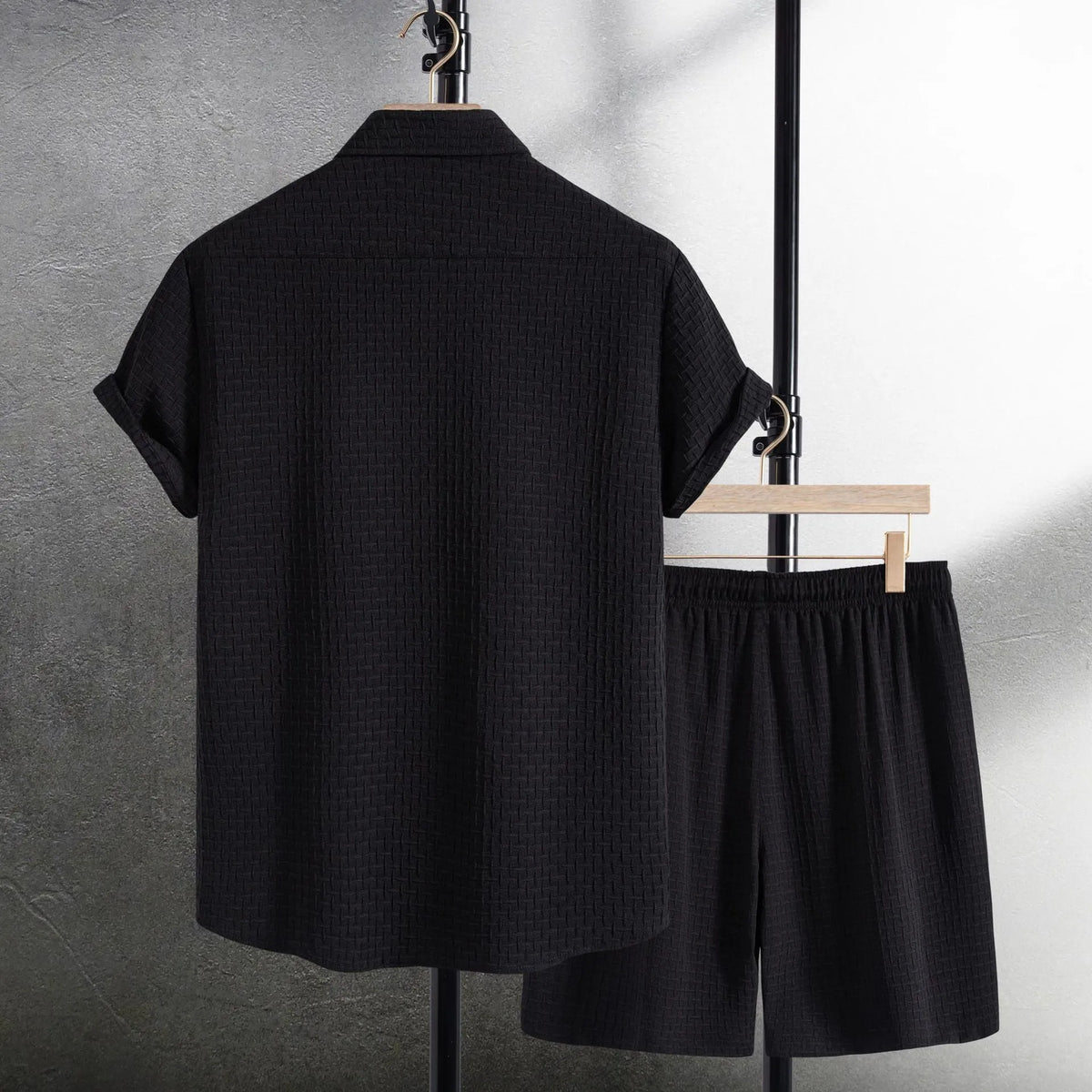 Men's cotton blend beach shirt and shorts set in black or white with short sleeves